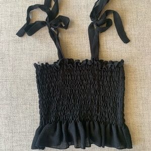 ruched tie ruffle top black